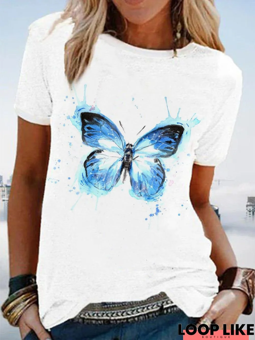 Short Sleeve Butterfly Crew Neck T-shirt