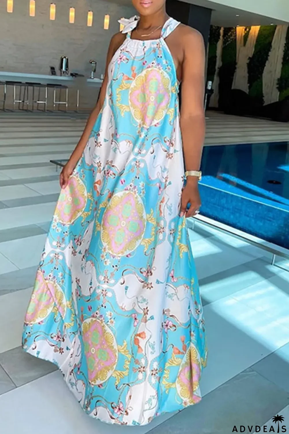 Tangerine Red Casual Print Patchwork Halter Straight Dresses