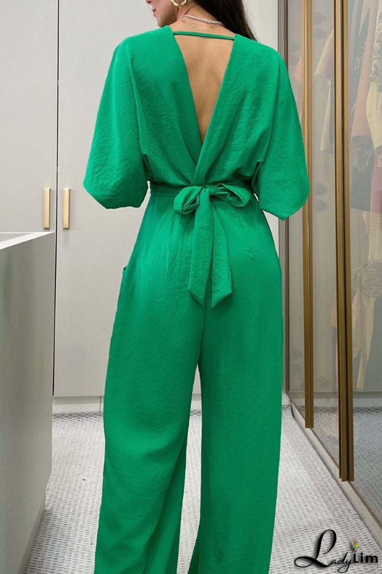 V Neck Batwing Sleeve Back Tie Jumpsuits