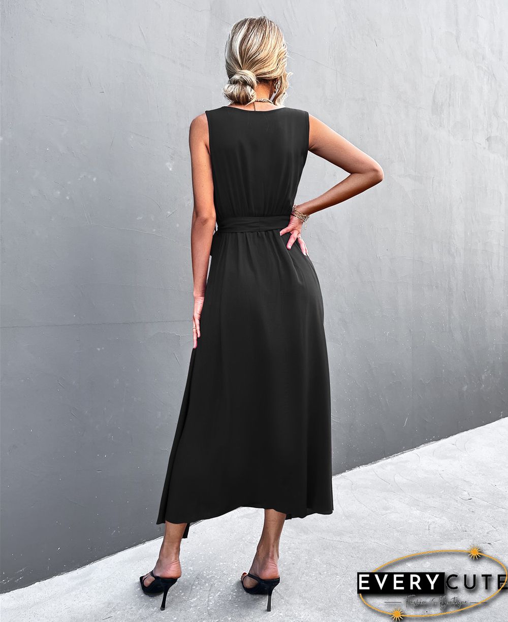 Sexy V-neck Cross Strap Sleeveless Slit Dress Black Dresses