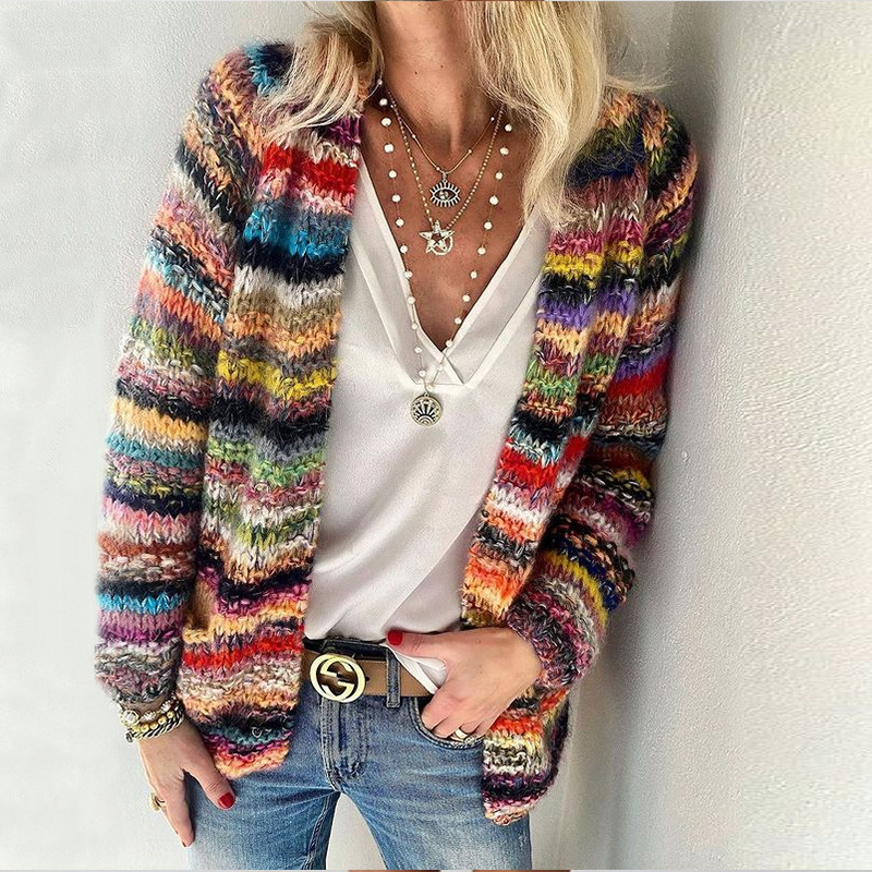 Elegant Multicolor Printed Long Sleeve Casual Pocket Knit Cardigan Sweater