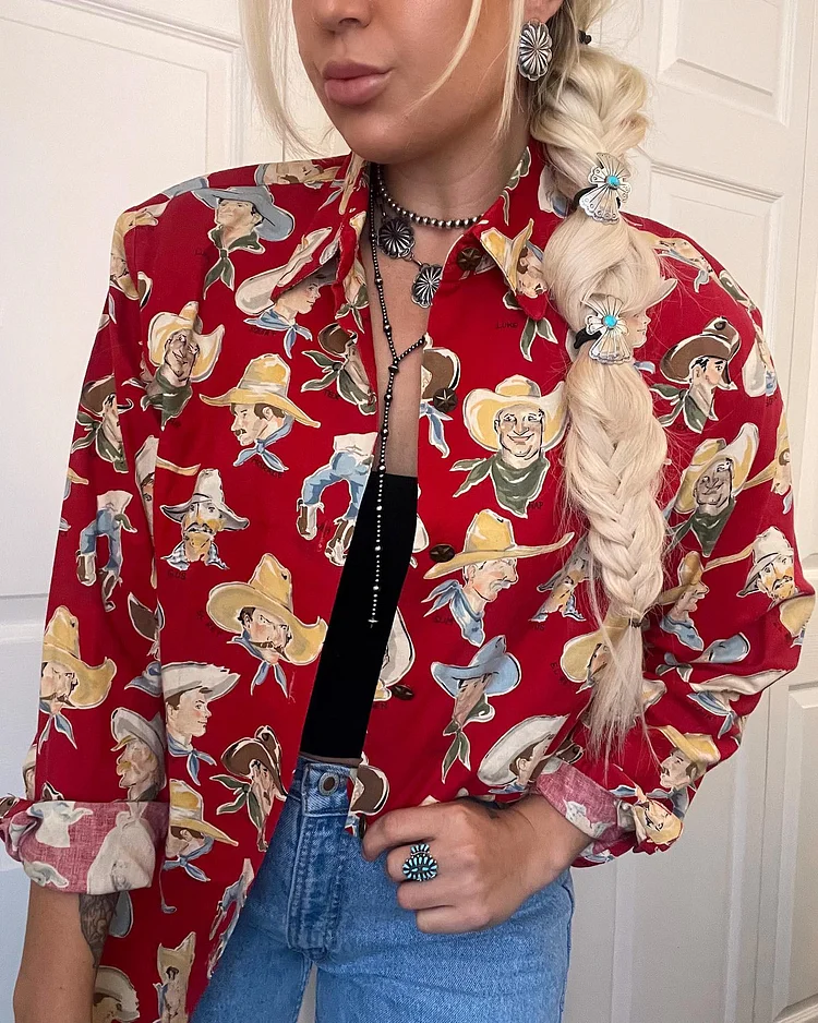 Red Western Cowboy Print Long Sleeve Shirt
