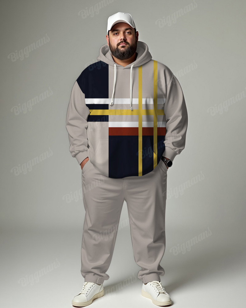 Men's Daily Casual Colorblock Striped Plaid Print Big & Tall Hoodie Set