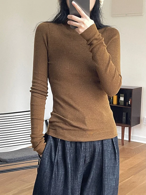 Solid Color Skinny Long Sleeves High-Neck Sweater Tops Pullovers