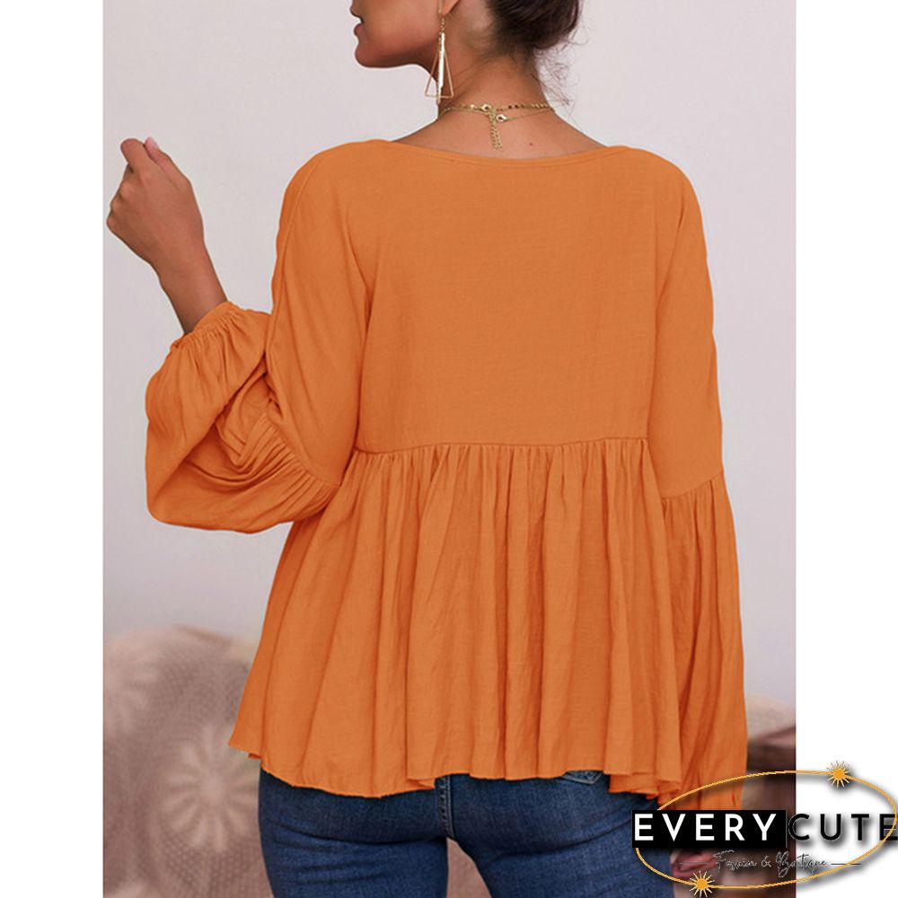 Orange V Neck Ruffled Puff Sleeve Blouse