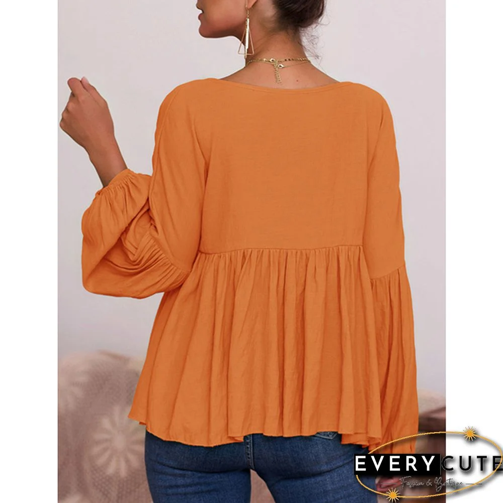 Orange V Neck Ruffled Puff Sleeve Blouse