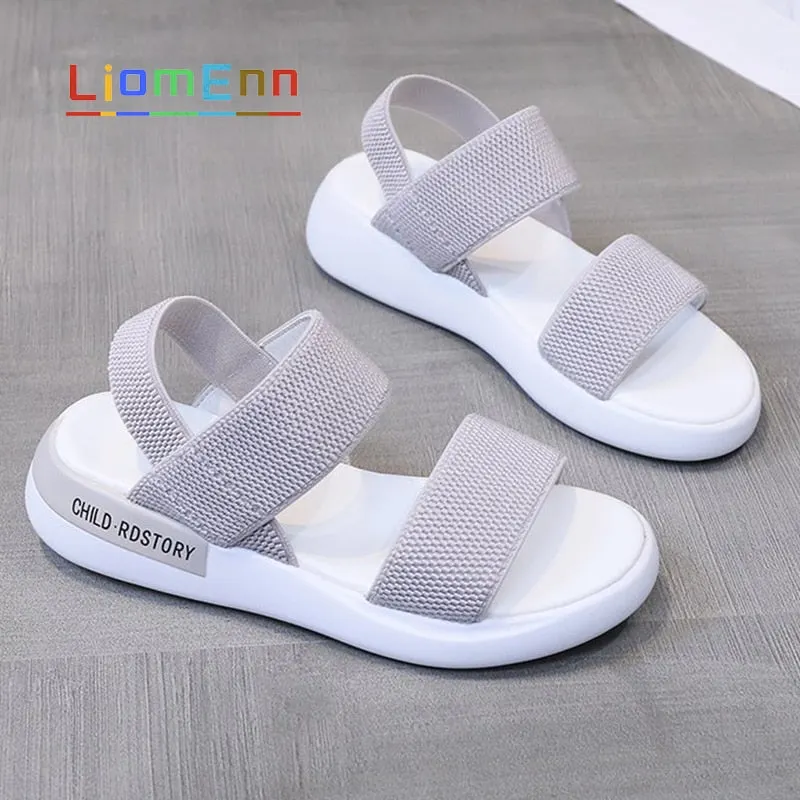 Women's Sandals 2021 Summer Elastic Fabric Flat Sandals Women Ladies Gray Pink Sandal Female Beach Shoes designer zapatos mujer