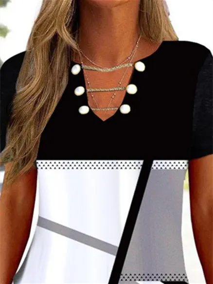 Women's Graphic Geometric Printed Short Sleeve V-neck Top