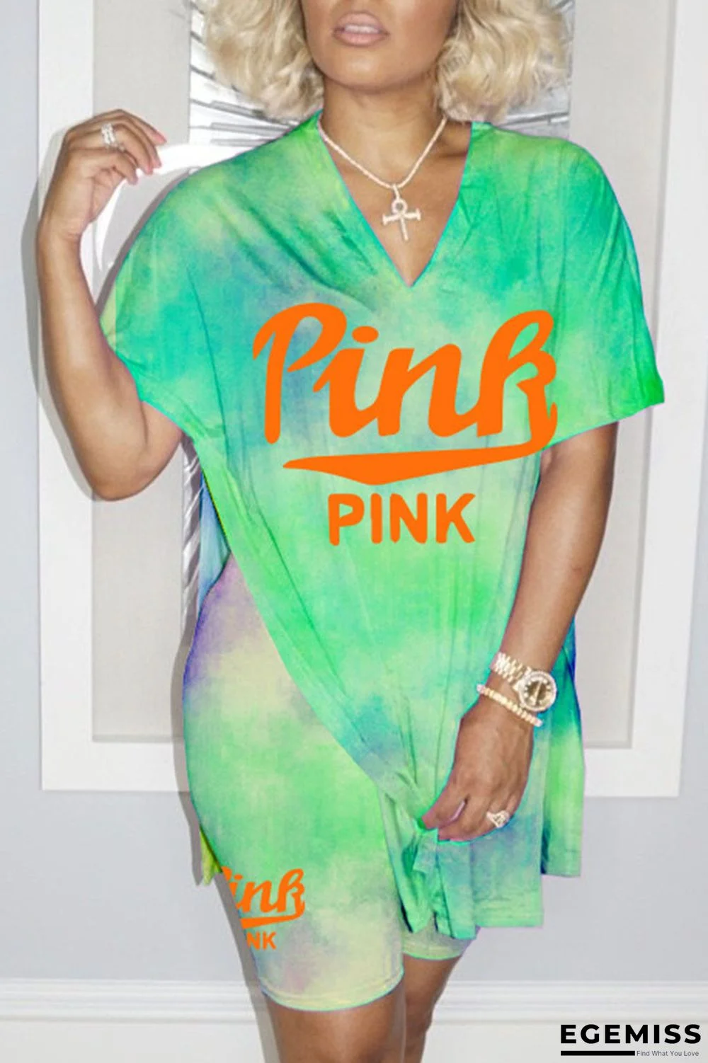 Green Fashion Street Print Slit O Neck Short Sleeve Two Pieces | EGEMISS