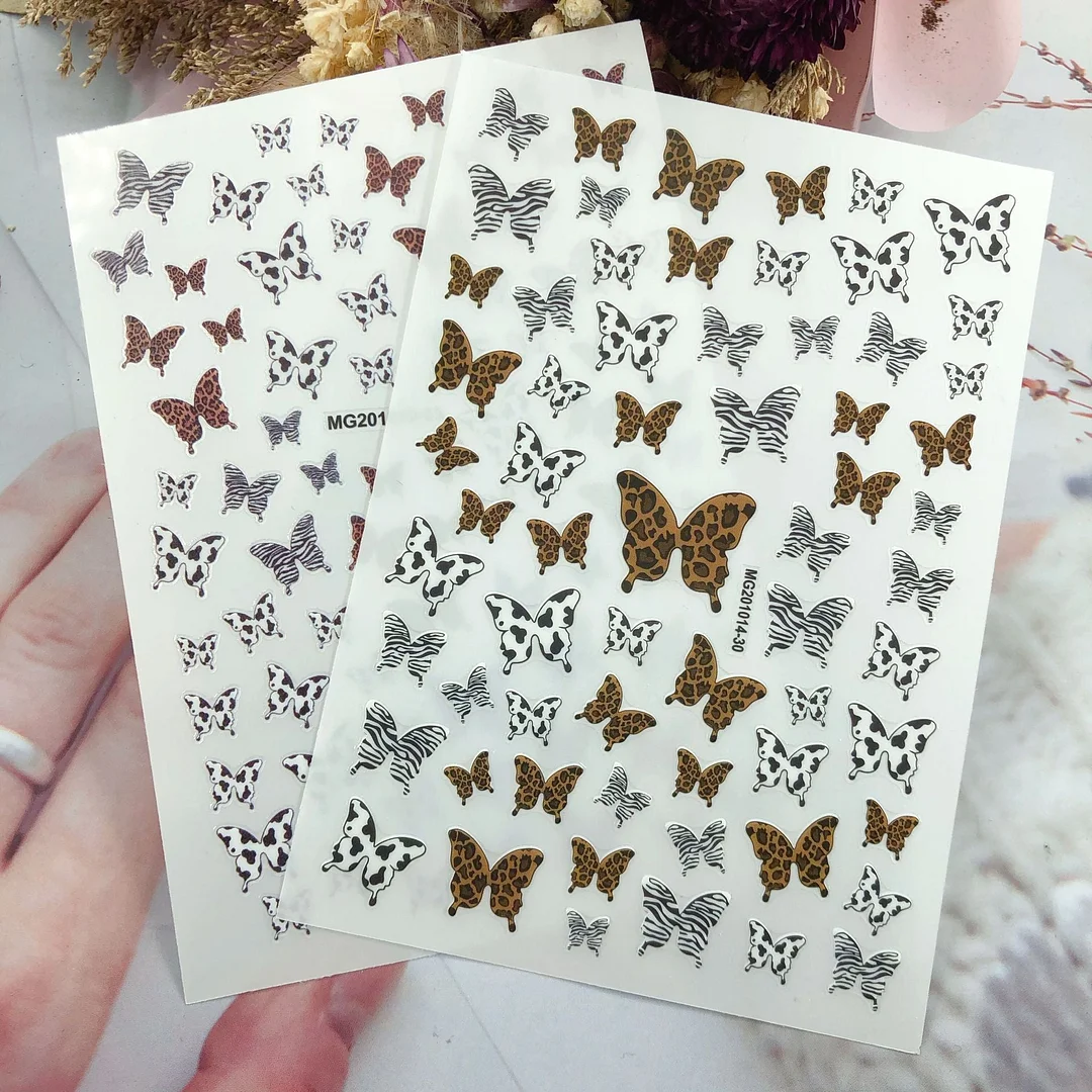 Leopardo Butterfly Design 3D Nail Art Stickers Leopard Adshive Stickers Slider Decals Tip Manicuring Art Decoration Accessory-Nail Inspo