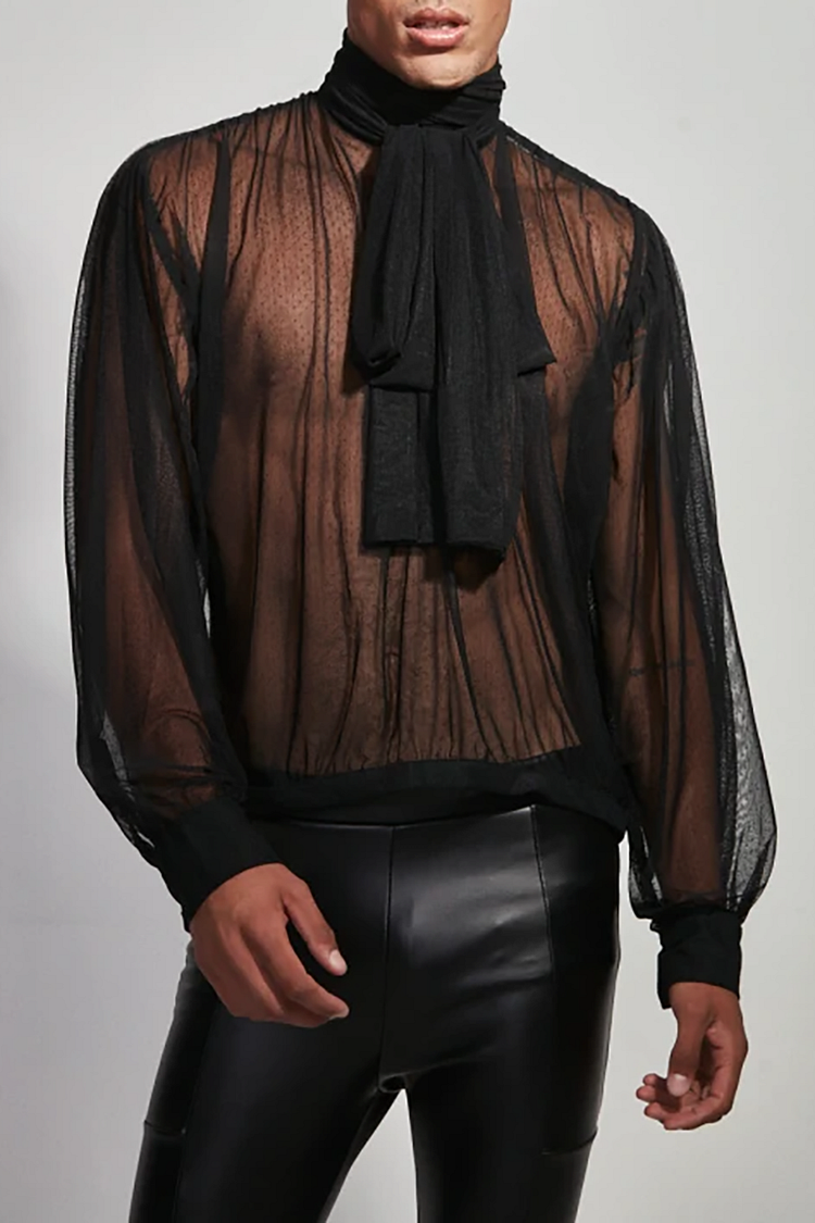 Ciciful See Through Mesh Polka Dot Puff Sleeve High Neck Bow Tie Black Shirt