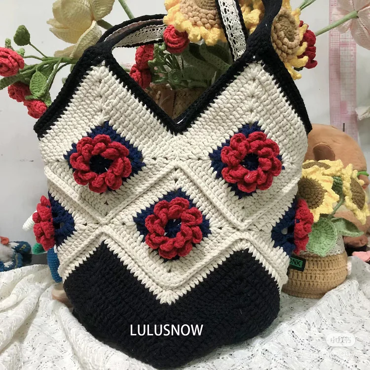 Lulusnow Handmade Black Red Rose Granny Square Beach Bag Crochet Tote Bag Shoulder Bag 