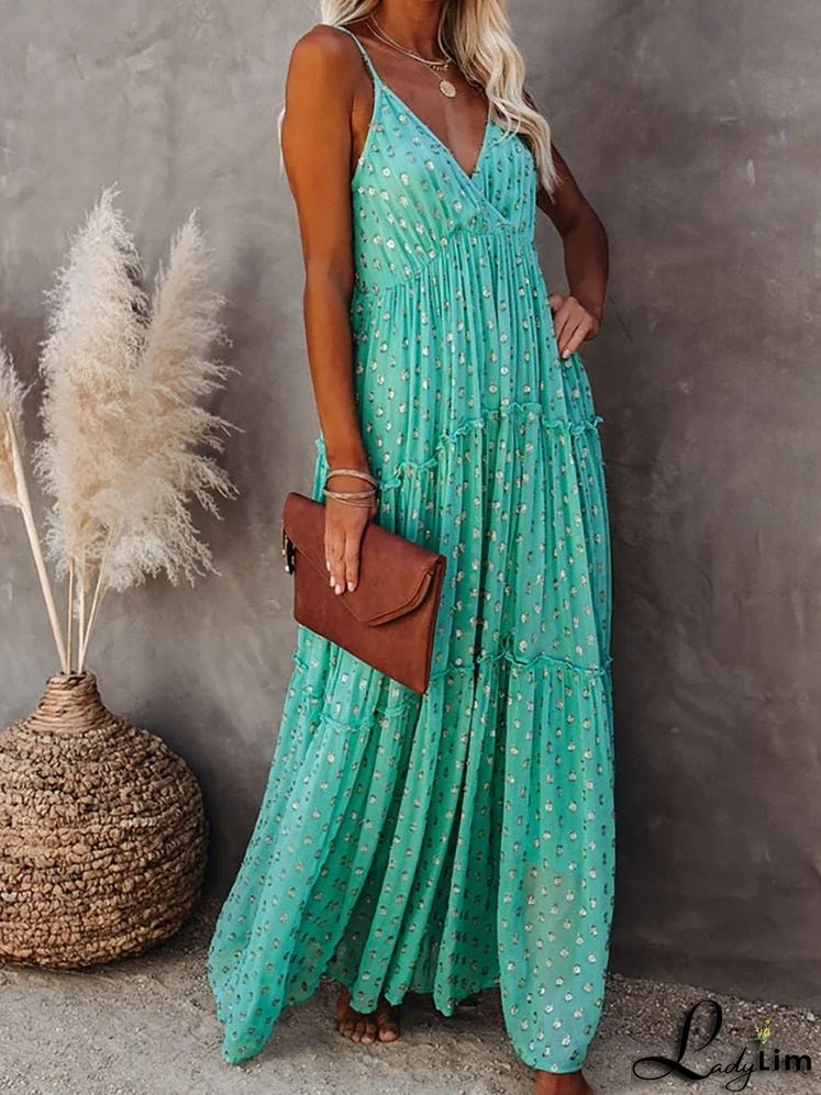 Women Spaghetti Strap Summer Floor Length Boho Sleeveless V Neck Long Dress