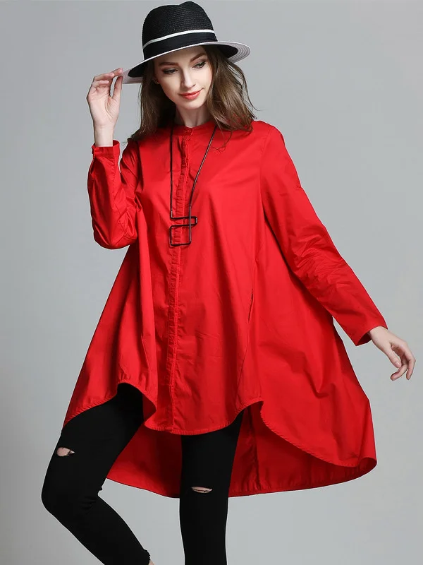 Casual Roomy High-Low Buttoned Stand Collar Long Sleeves Blouse