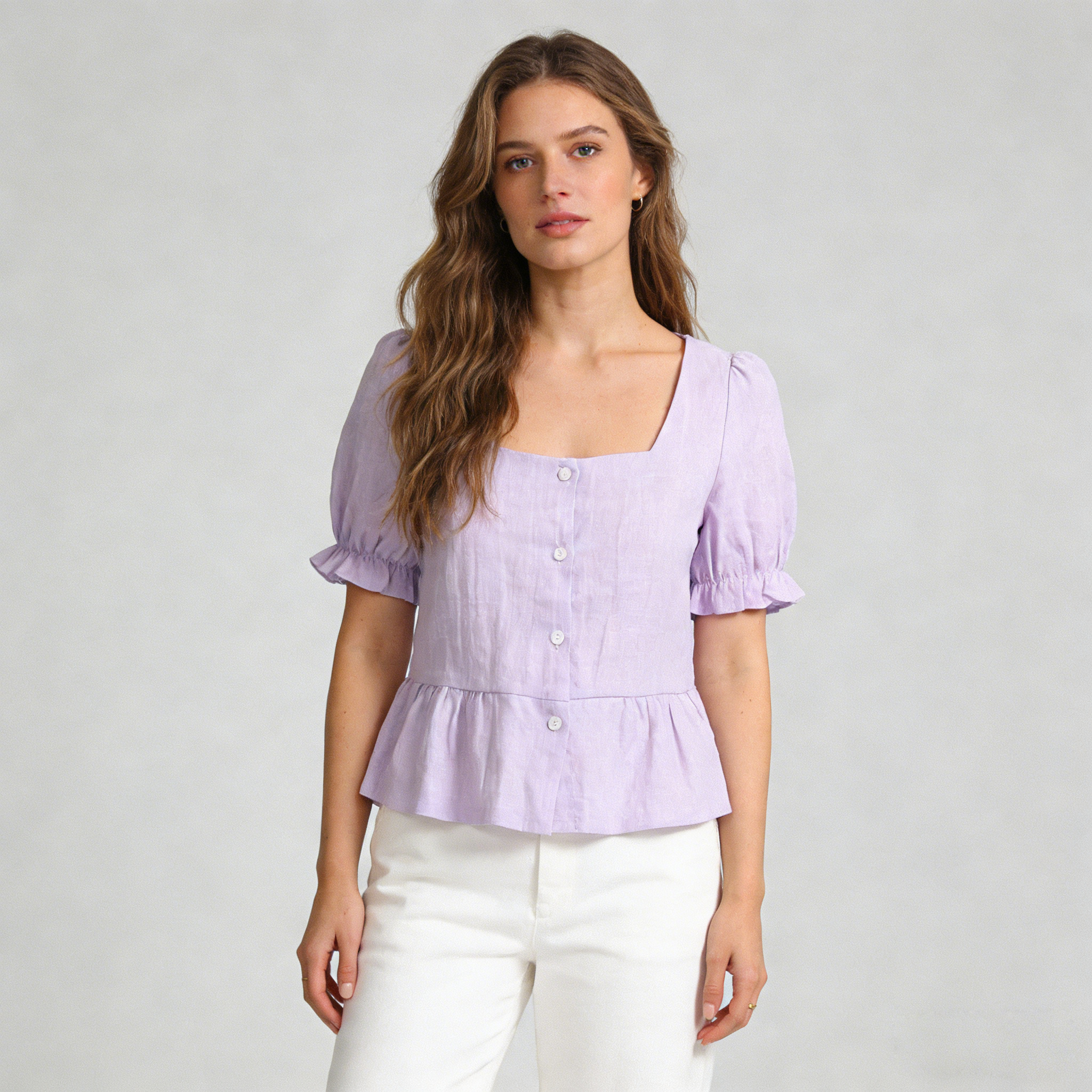 Linen Peplum Blouse Women 100% Linen Square Neck Puff Sleeve Top REAL SILK LIFE