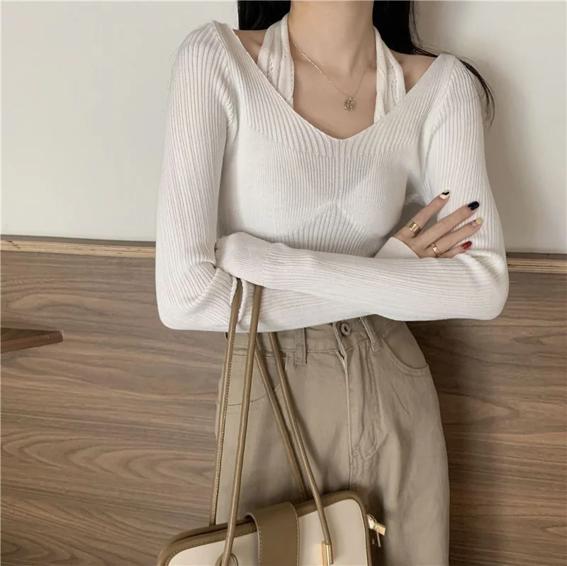 Uveng Uveng Up Spring And Autumn New Chic Sexy Chest Thin Hanging Neck Two Long-Sleeved Knitted Jersey Jersey Elastic Sweater