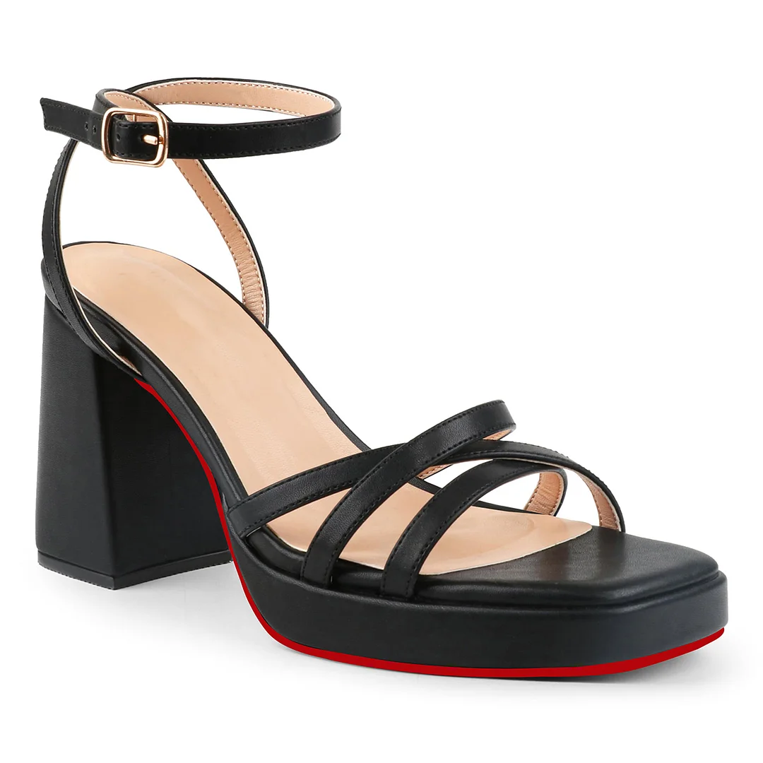90mm Women's Platform Chunky Heels Ankle Strap Block Heeled Sandals Party Wedding Shoes Red Bottom Shoes Square Open Toe Sandals-MERUMOTE