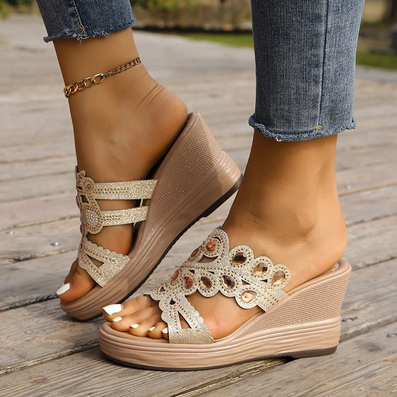 Yyvonne Slope And Cool Slippers Women's Spring And Summer Color Diamond Gentle Muller Shoes Rounded Toe Wearing Large-Size Flip-Flops