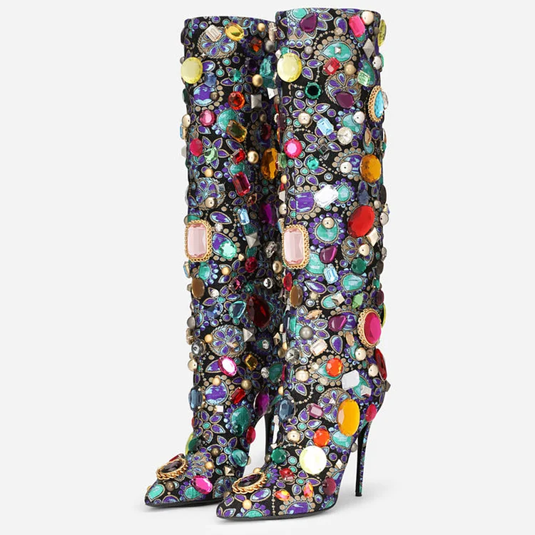 Multicolor Crystal Decor Pointy Knee High Boots with Stiletto Heel |FSJ Shoes