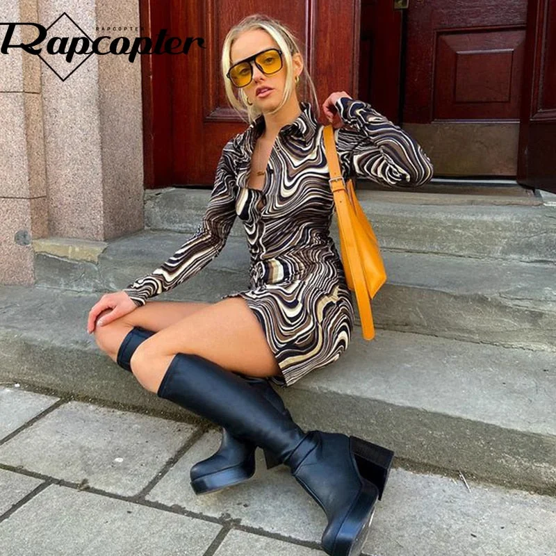 Rapcopter Paisley Brown Mini Dress y2k Aesthetic Sundress Turn Down Collar Vintage Short Dress Button Skinny Bodycon 2021 90S