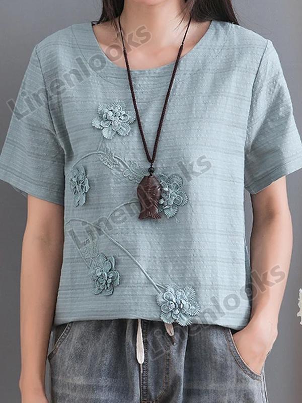 Cotton Linen Flower Embroidery Short-sleeved Round Neck Retro Loose Summer Regular Top