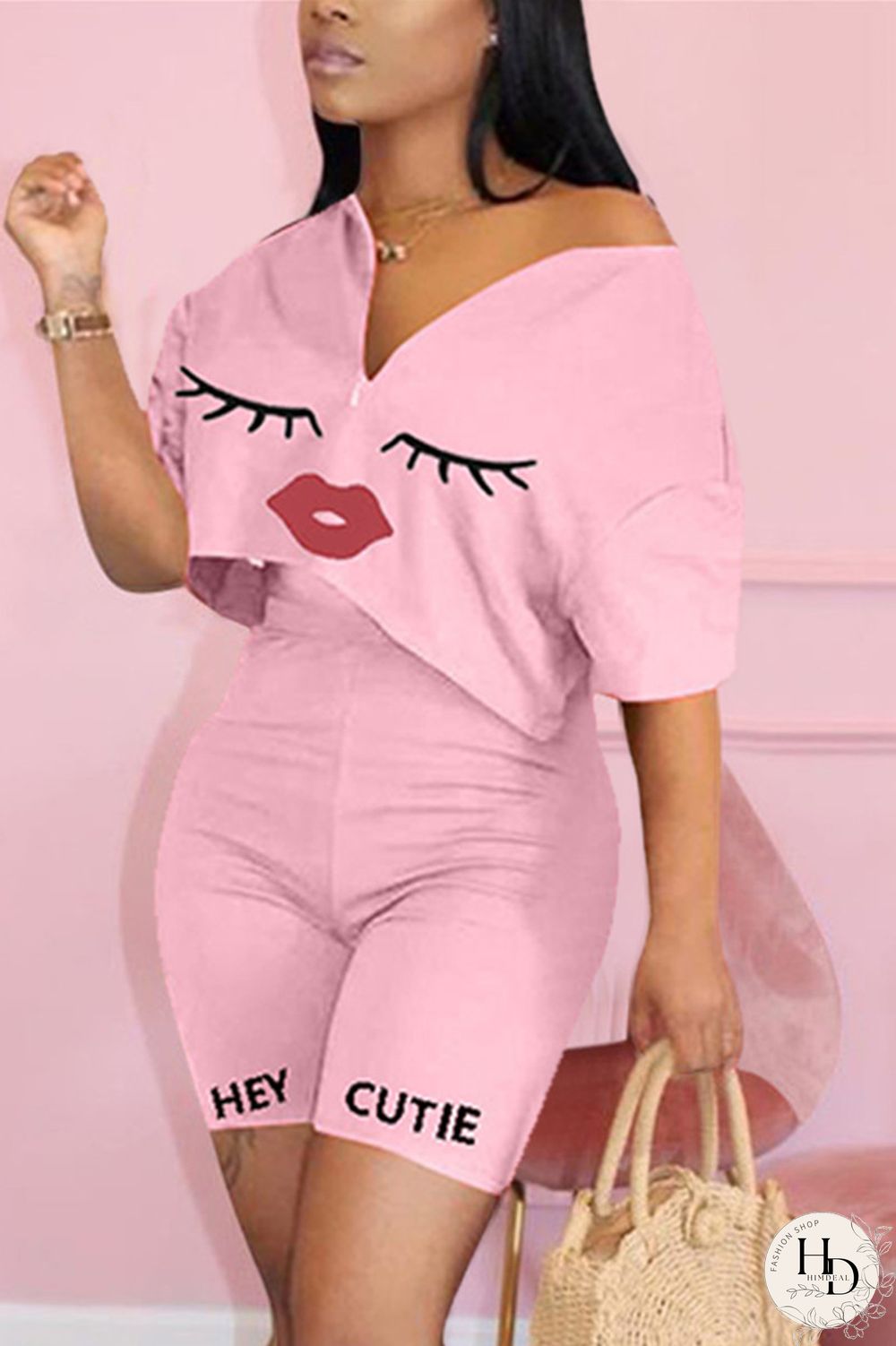 Black Fashion Casual Printed T-shirt Shorts Set