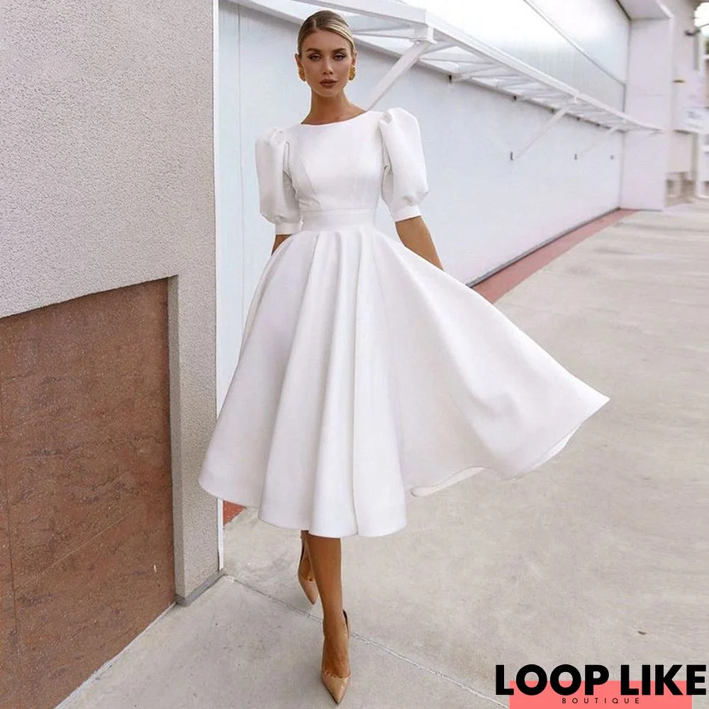 Temperament Short Sleeve Middle Skirt White Dresses