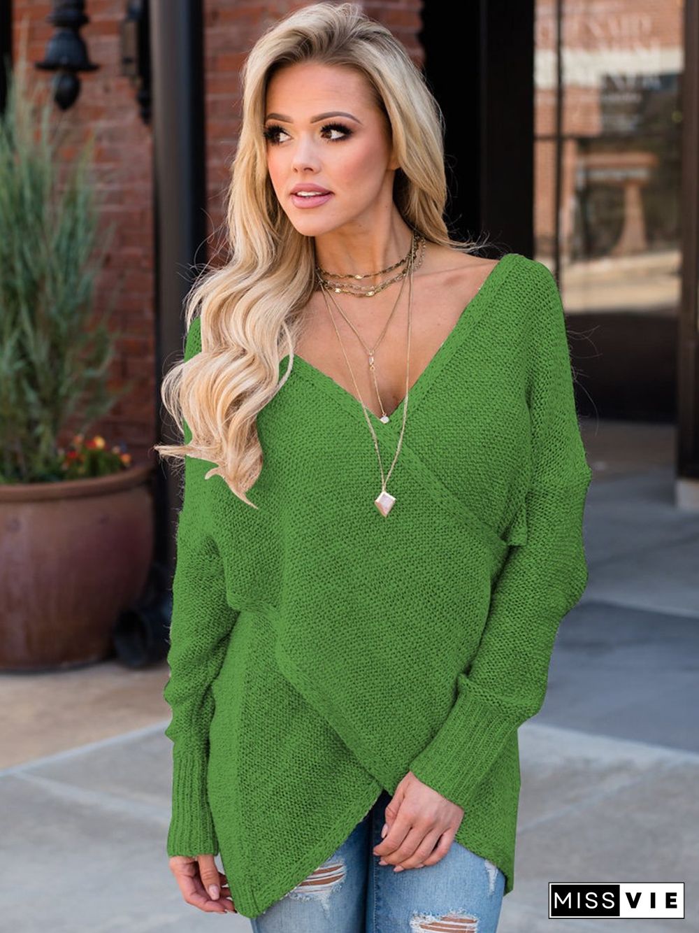Deep V-Neck Wrap Knitted Sweater