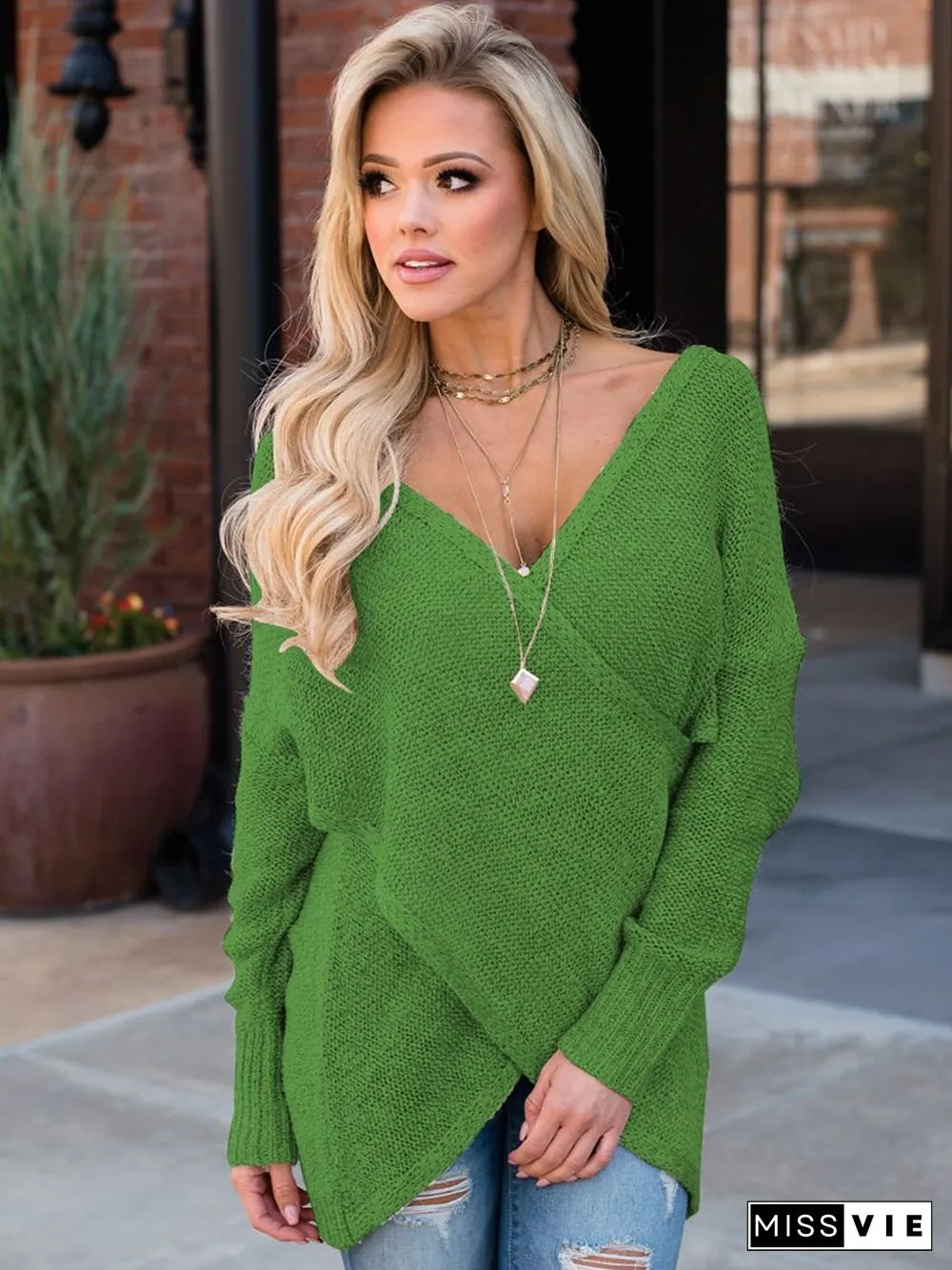 Deep V-Neck Wrap Knitted Sweater