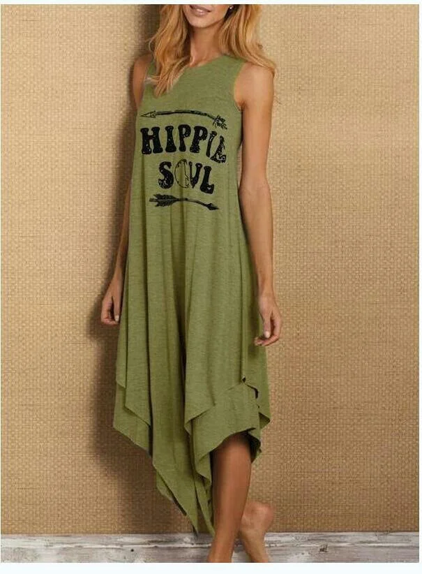 Hippie Soul Sleeveless Dress Summer Casual Letter Printed Plus Size Woman Tank Top Dress Fashion Loose O-Neck Female Beach Dress