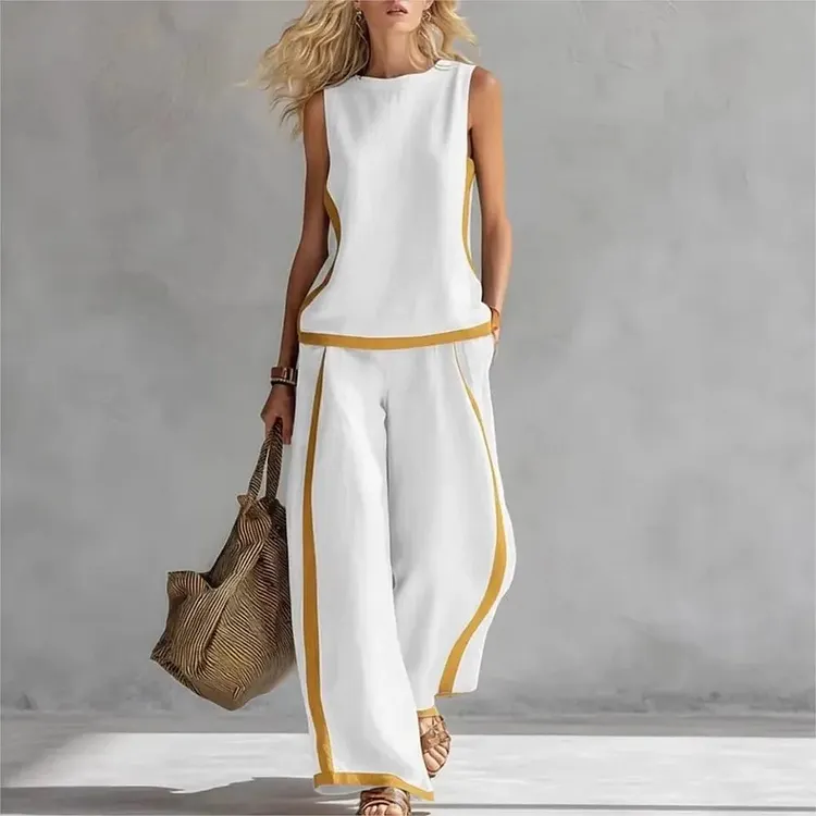 Women's Casual & Stylish Sleeveless Color-Block Wide-Leg Pant Set