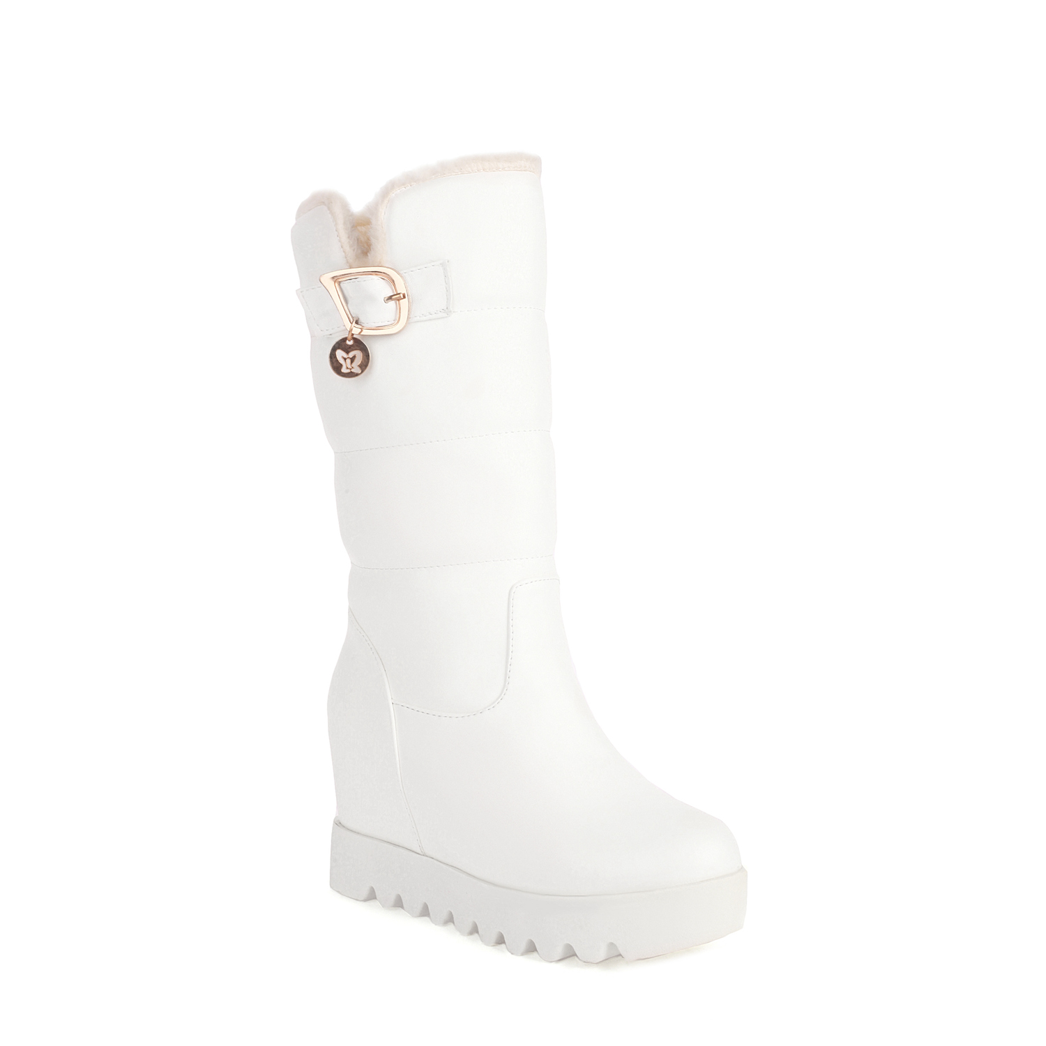 GOOSHOE Slope Heel Flat Bottom Metal Belt Buckle Thick Plush Lining Long Tube Women's Boots Platform Sponge Sole Knee High Boots