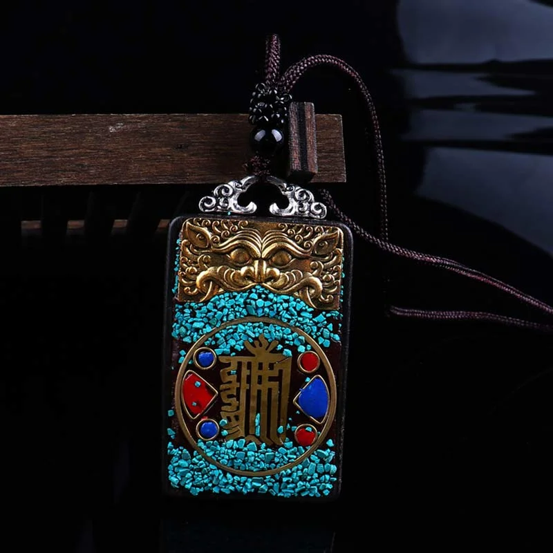 Ebony Wood Elephant Lotus Balance String Necklace Pendant