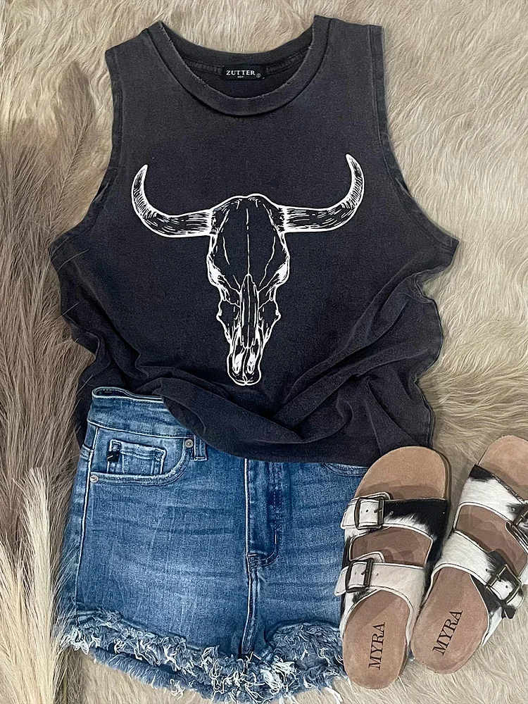 Retro Black Cow Skullc Print Tank Top