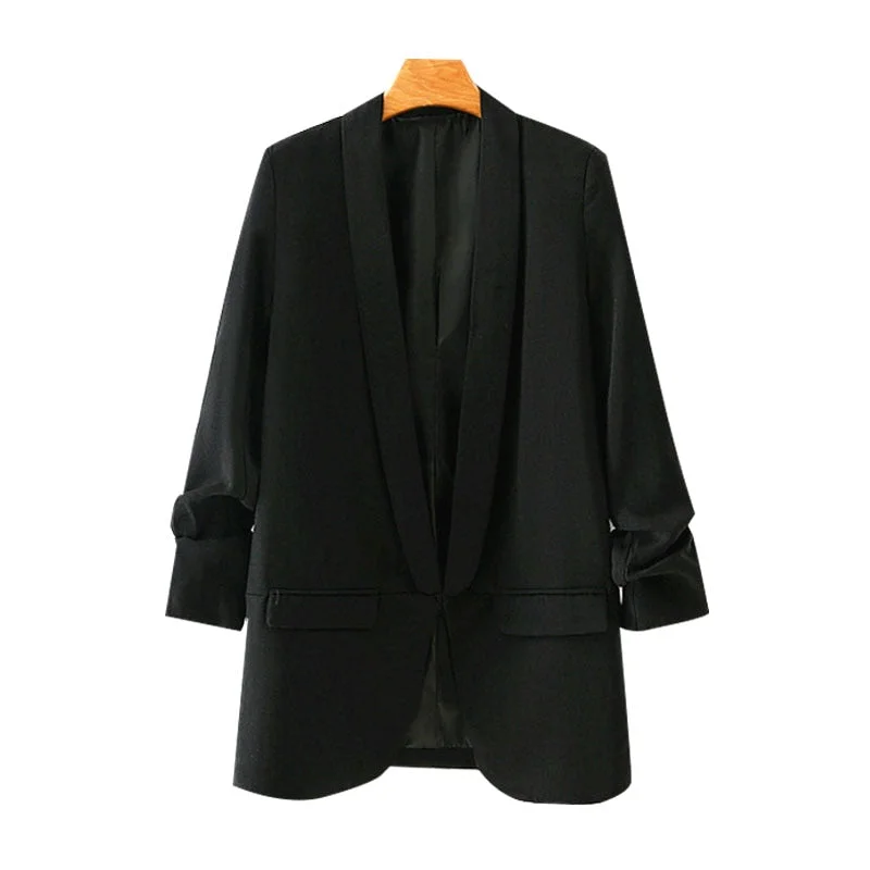 TRAF Women Fashion Office Wear Basic Black Blazer Coat Vintage Pleated Sleeve Pockets Female Outerwear Chic Tops
