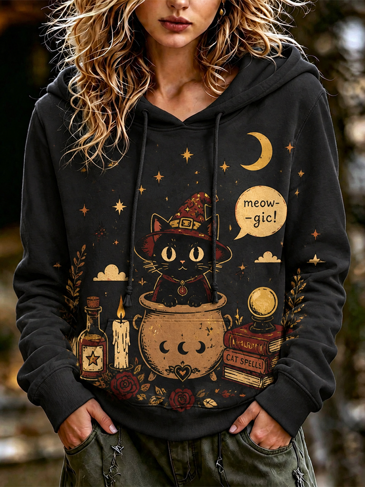 Women's Black Meowgic Witch Cat Cauldron Magic Pot Print Long Sleeve Hoodie artswardrobe