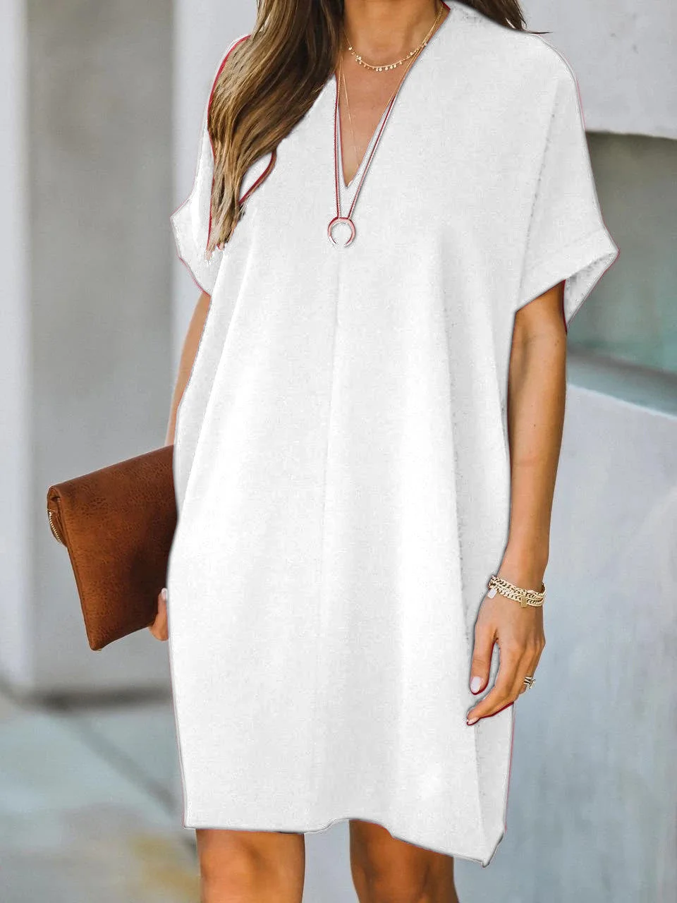 Women's Short Sleeve V-neck Solid Color Casual Dress