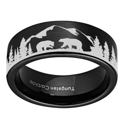 Women's Or Men's Hunting Ring / Bear Mountains Wedding Band Rings,Black Tungsten Carbide Bands with Bears, Forest Trees and Mountain Scape Laser Etched Design,Pipe Cut Hunter's Wedding Band Ring With Mens And Womens For Width 4MM 6MM 8MM 10MM