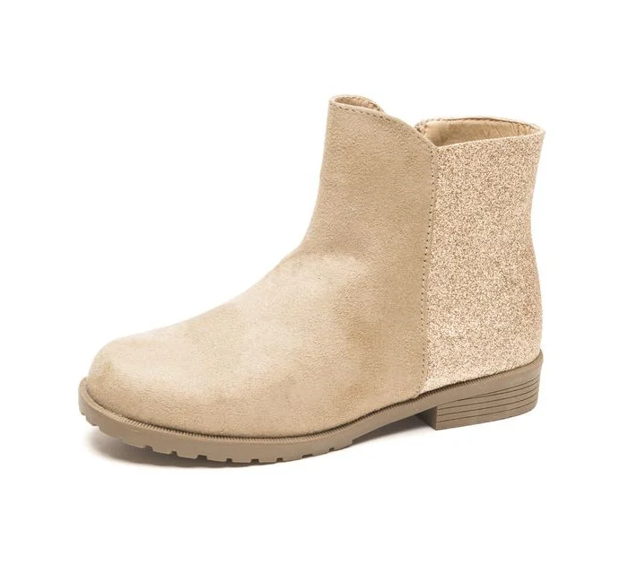 Khaki Vegan Suede & Glitter Patchwork Round Toe Flat Ankle Boots |FSJ Shoes