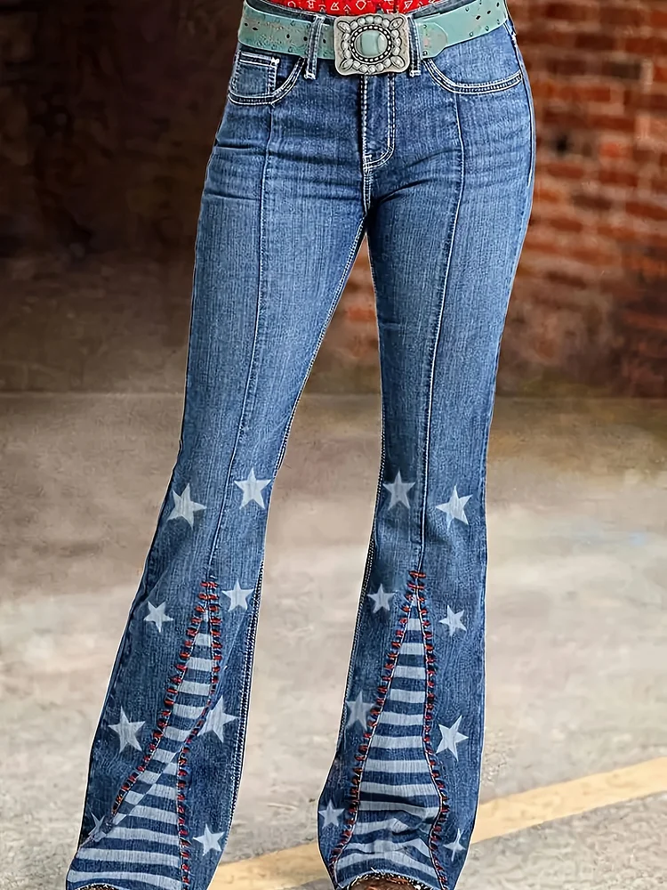 Fashionable Women's Wide-Leg Jeans, With Star Stripe Design! The Prominent Star And Stripe Patterns On The Legs Add A Touch Of Fashion And Design Sense. The Classic Wide-Leg Cut Perfectly Shapes The Figure And Allows For Self-Expression In Dressing