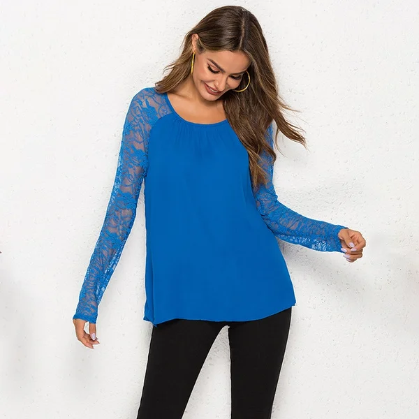 Round Neck Lace Raglan Sleeve Top Elegant Full Sleeve Blouse Spring and Summer Women Weekend Casual Shirts Top