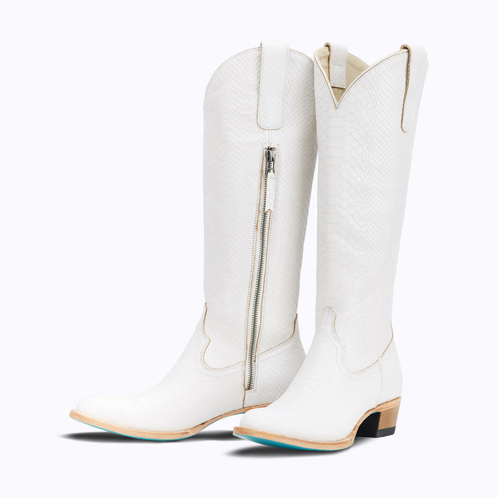 White Vegan Leather Closed Toe  Chunky Heel Knee High Boots Nicepairs