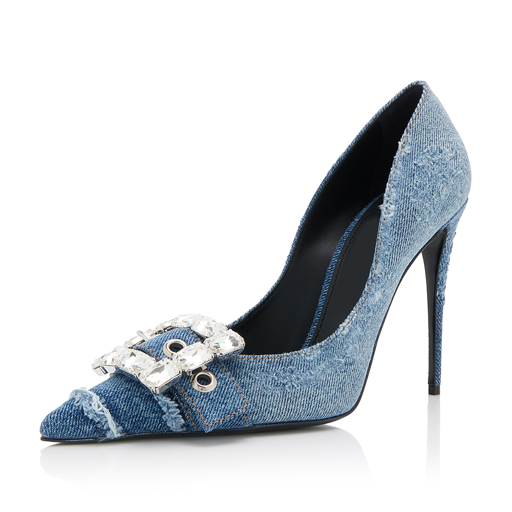 Blue Denim Pointed Toe 4'' Stiletto Heel Rhinestone Pumps Nicepairs
