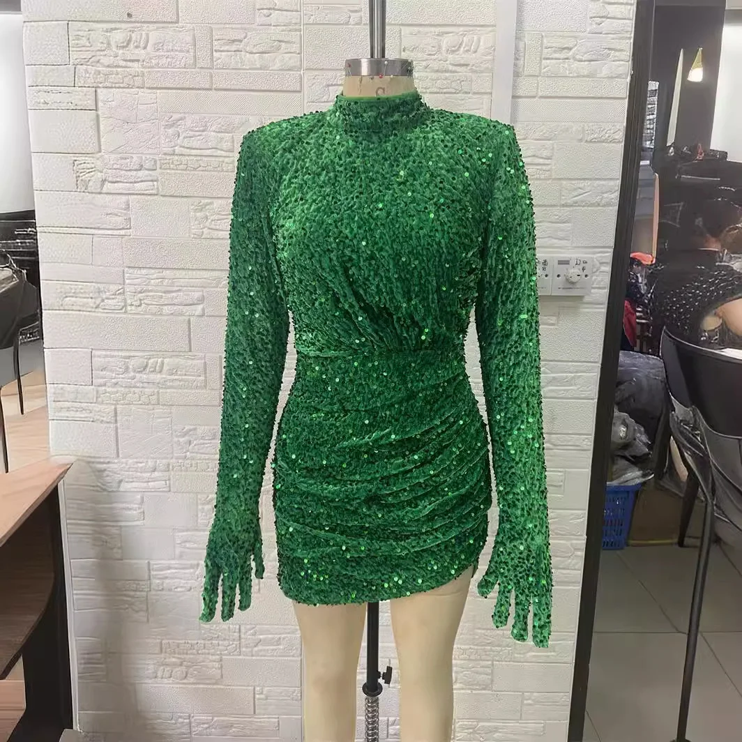 Brownm New Hot Green Sleeves Small High-Neck Dress Fashion Party Show Dress