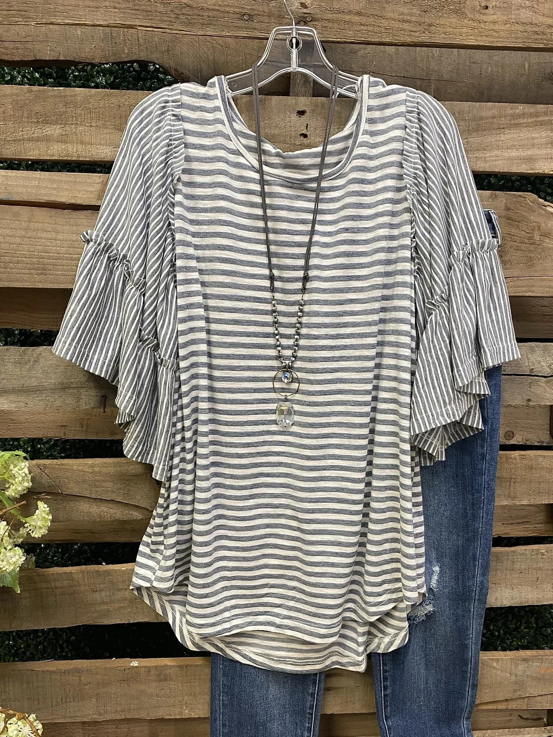 Women Half Sleeve Scoop Neck Striped Stitching Tops