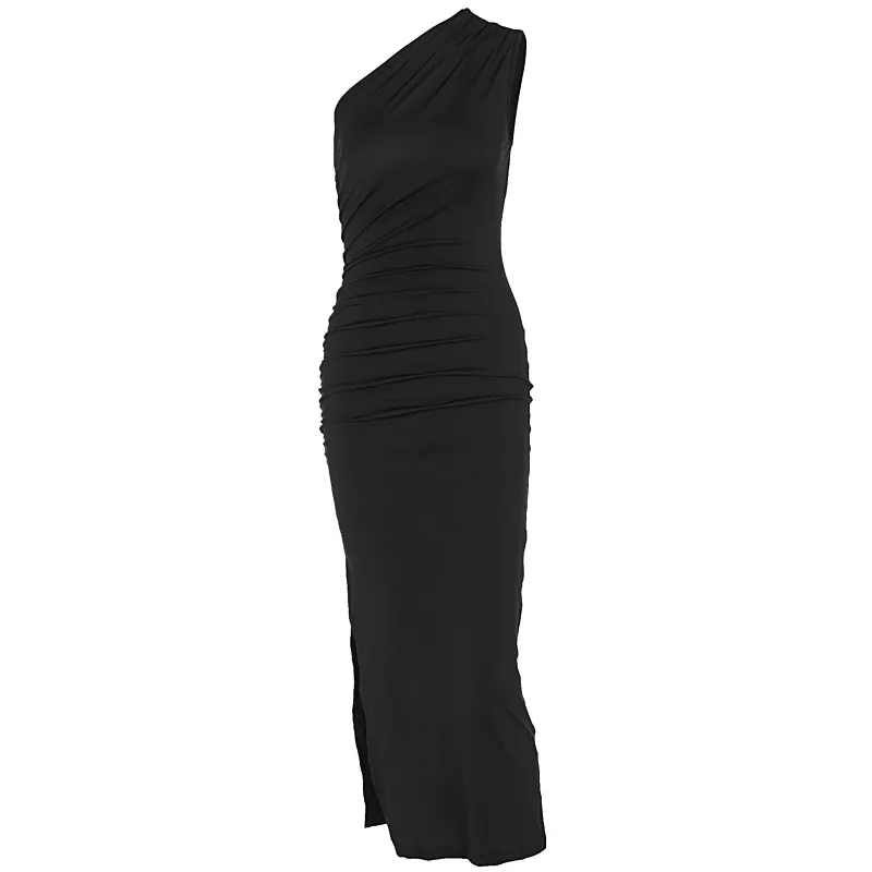 Uveng Uveng Summer New Oblique Shoulder Solid Color Open Slit Sleeveless Sexy Temperament Slim Dress Female