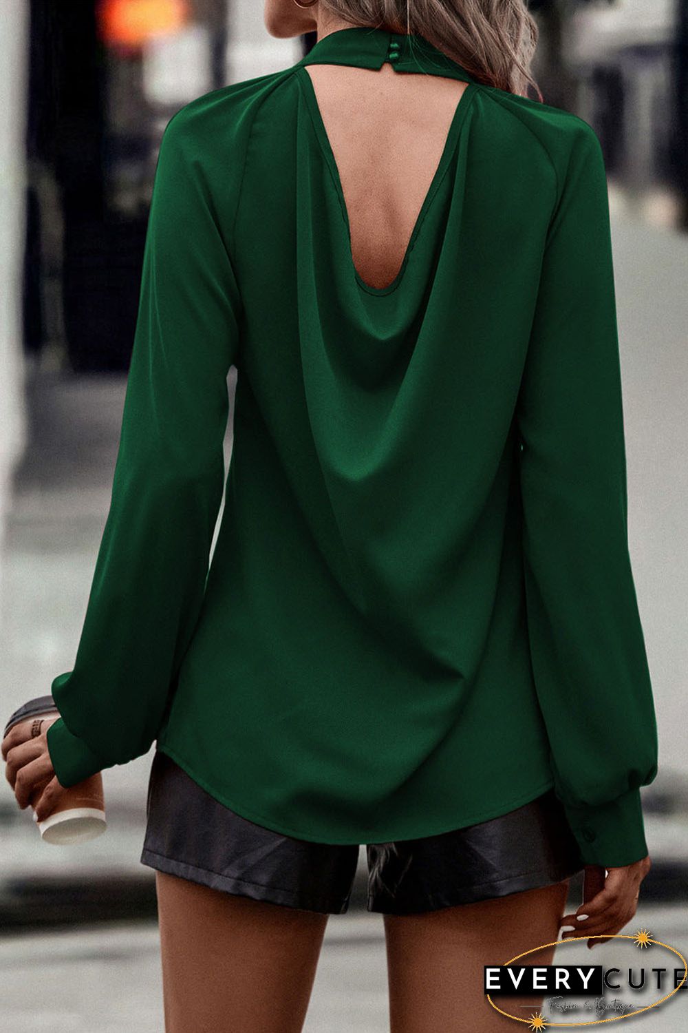 Green Cutout Back Ruched Mock Neck Blouse