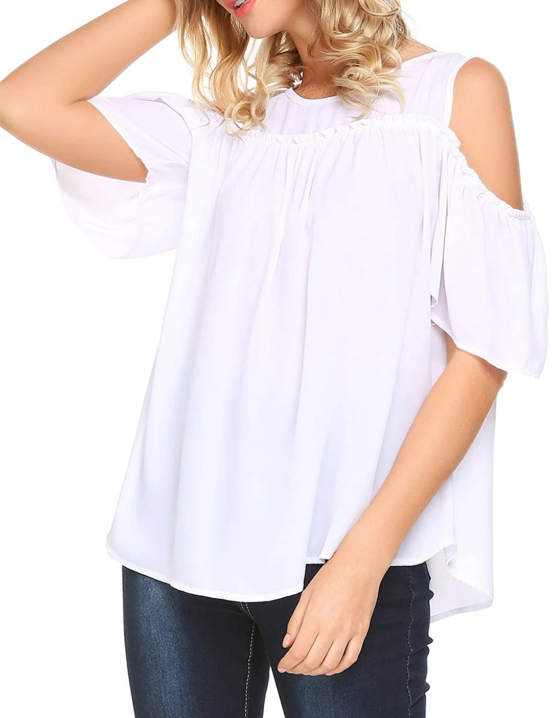 Women's Short Sleeve Casual Cold Shoulder Top Loose Blouse Tunic Tops