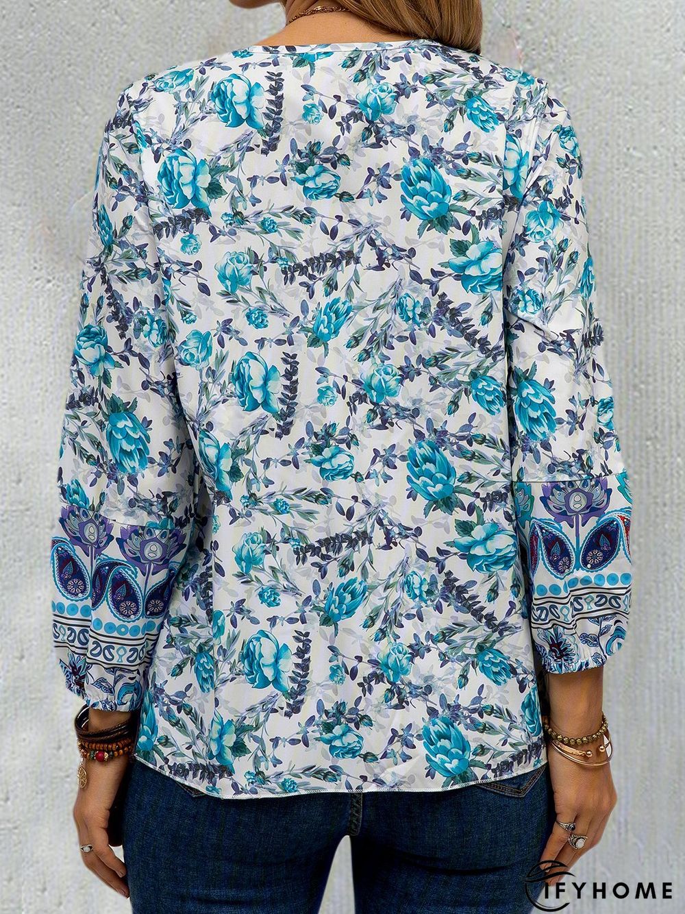 Ethnic Bohemian Floral Print Long Sleeve V-Neck Women Blouse Top | IFYHOME