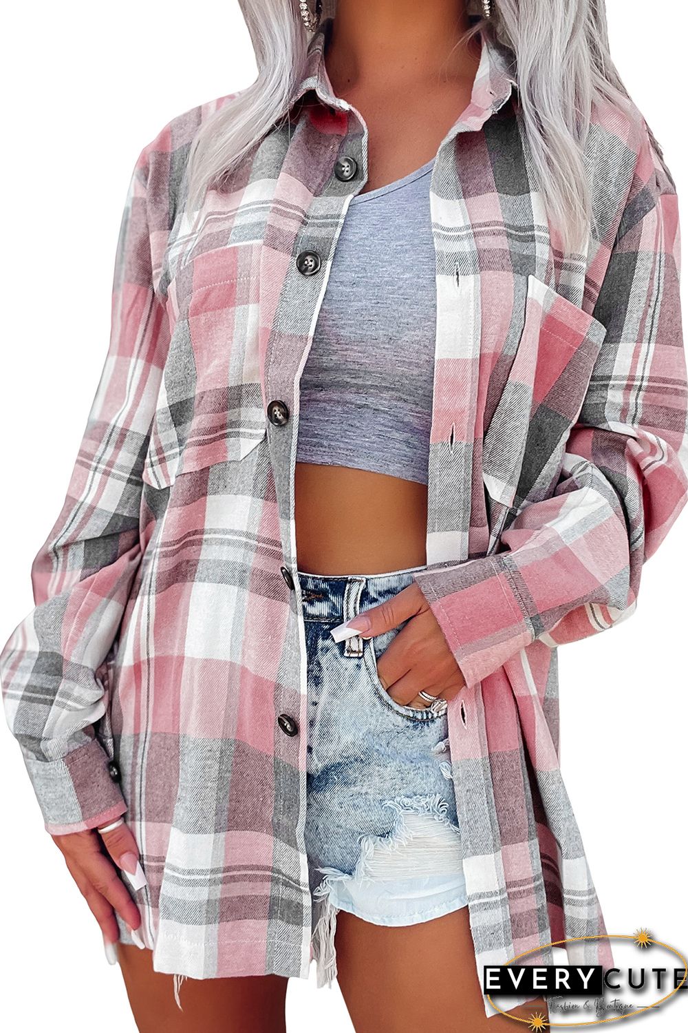 Pink Plaid Button Up Patch Pocket Shirt